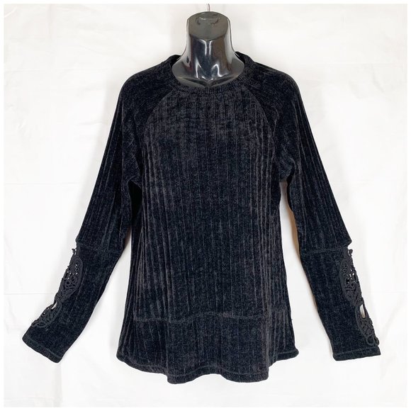 Knox Rose Sweaters - Knox Rose Womens L Tunic Sweater Solid Black LACE INSET Long Sleeves